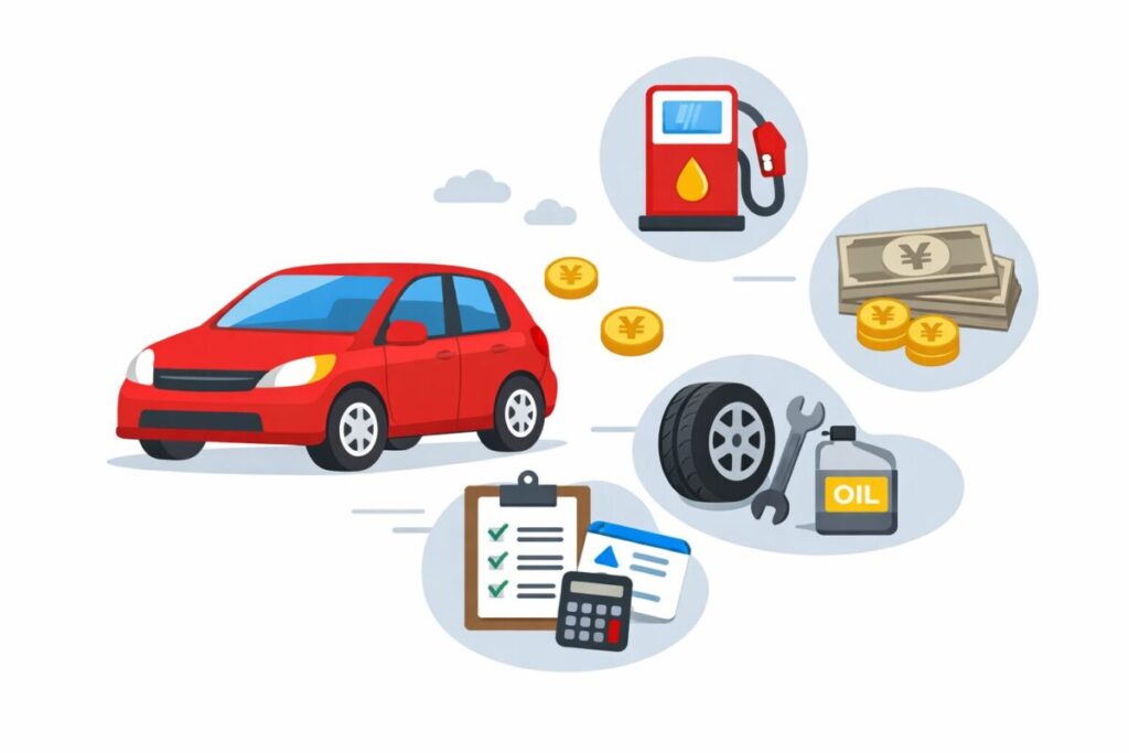 車の維持費を表す赤い車のイラストと、ガソリンスタンド・タイヤやオイルの整備・お金・保険や点検を示すアイコンが並んだシンプルな概念図