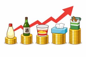 マヨネーズ・お酒・カップ麺・ティッシュ・たばこがコインの上に乗り、右上がりの矢印で価格上昇を表現したシンプルなイラスト