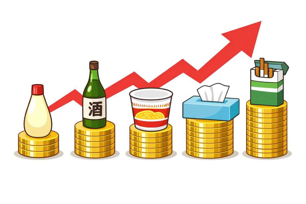 マヨネーズ・お酒・カップ麺・ティッシュ・たばこがコインの上に乗り、右上がりの矢印で価格上昇を表現したシンプルなイラスト