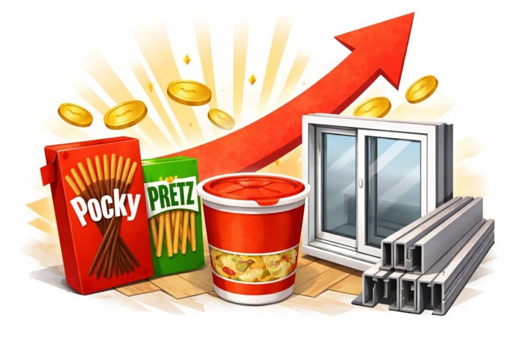 値上げを象徴する赤い上昇矢印の背景に、ポッキーやプリッツ、無地のカップ麺、窓枠と建材が並んだイラスト