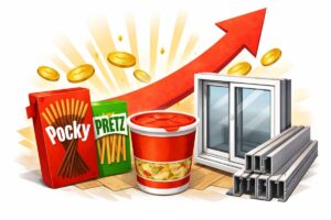 値上げを象徴する赤い上昇矢印の背景に、ポッキーやプリッツ、無地のカップ麺、窓枠と建材が並んだイラスト