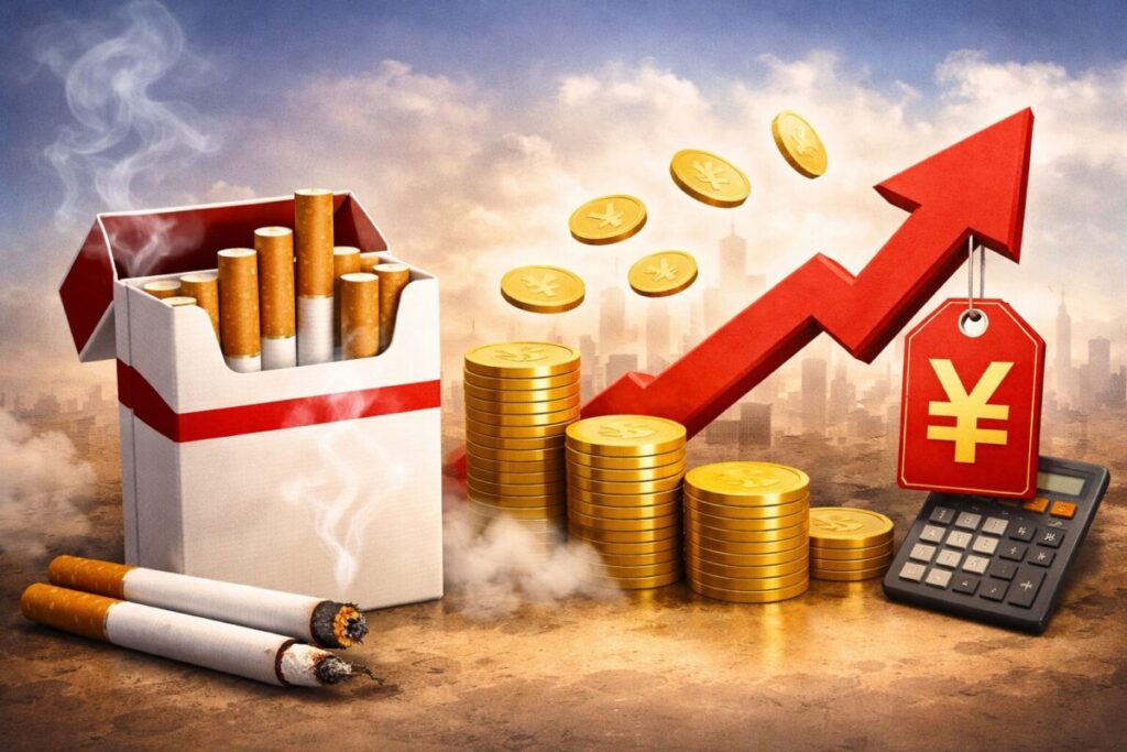 タバコの箱と吸いかけのタバコの横に、積み上がった硬貨と上昇する矢印が描かれ、価格上昇を象徴するイメージ