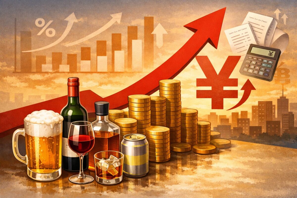 酒類(ビール・ワイン・ウイスキー・缶飲料)の価格が上昇している様子を、コインの積み上がりと上向きの矢印で表現したイラスト