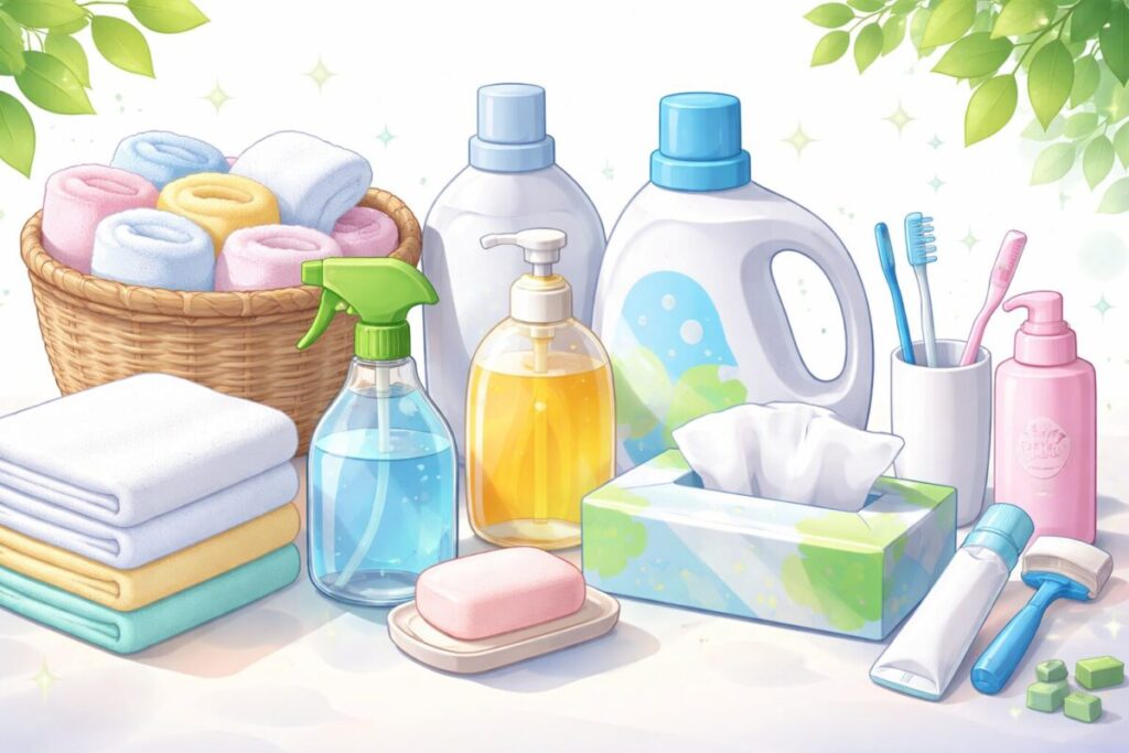 洗剤やスプレー、ティッシュ、歯ブラシ、タオルなどの家庭で使う日用品が並んだイラスト