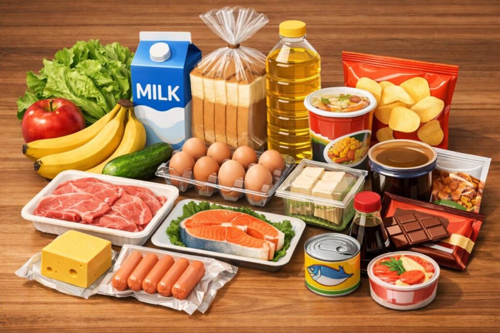 スーパーで販売されている食品（野菜、果物、肉、魚、牛乳、パン、卵、缶詰、菓子など）がテーブルの上に並べられている様子
