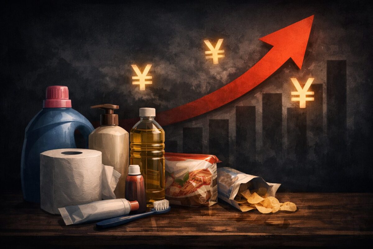 日用品（トイレットペーパー、洗剤、食用油など）の背後に上昇する矢印と円マークが描かれ、生活用品の値上げを表現した暗い雰囲気のイラスト