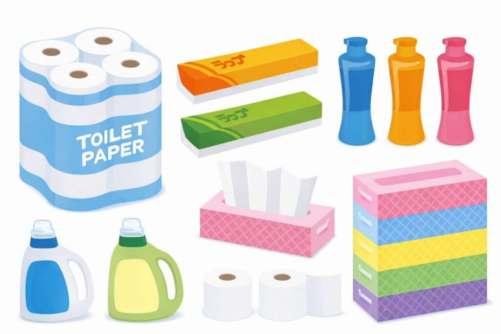 トイレットペーパーやティッシュ、洗剤など日用品をまとめて表現したイラスト