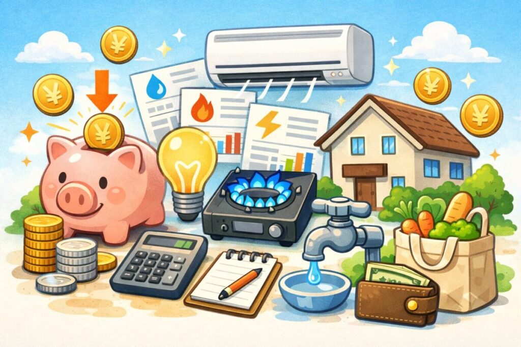 光熱費の節約をイメージしたイラスト。貯金箱や電球、ガスコンロ、エアコン、電気・ガス・水道の請求書、蛇口、電卓などが並び、家庭のエネルギー費用を抑えて家計を守る様子を表現している。