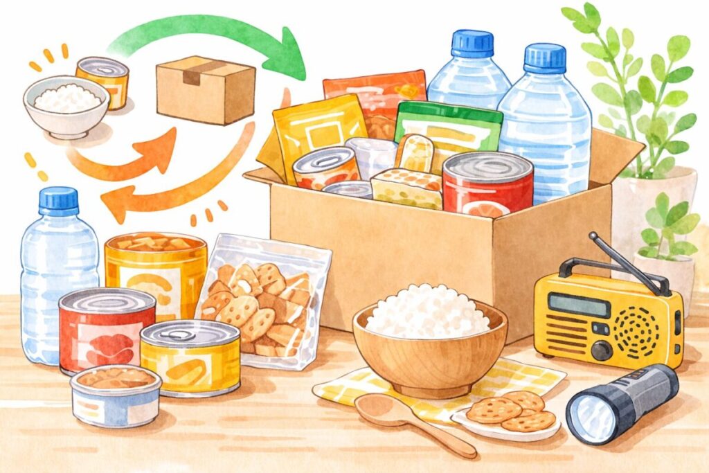 日常で食べながら備蓄を入れ替える「ローリングストック」を表したイラスト。缶詰やレトルト食品、水のボトルなどの備蓄食料が箱に入っており、循環する矢印で使って補充する流れが描かれている。