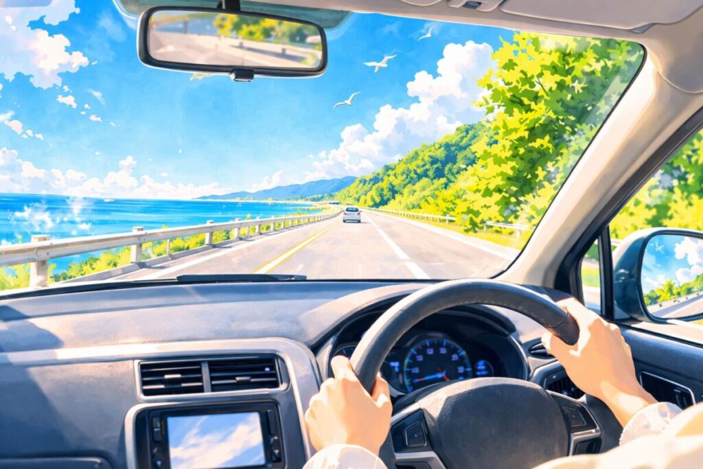 海沿いの道路を車で走行している車内視点のドライブ風景と青い海、緑の山並みが広がる景色