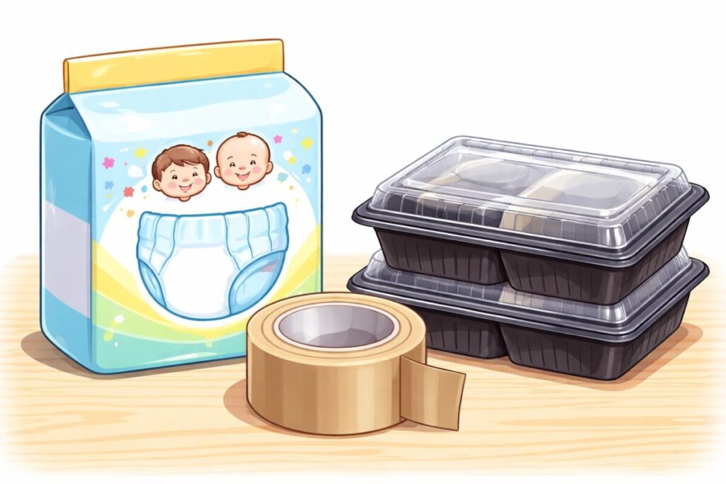 紙おむつのパッケージとガムテープ、弁当容器が並んでいるシンプルなイラスト