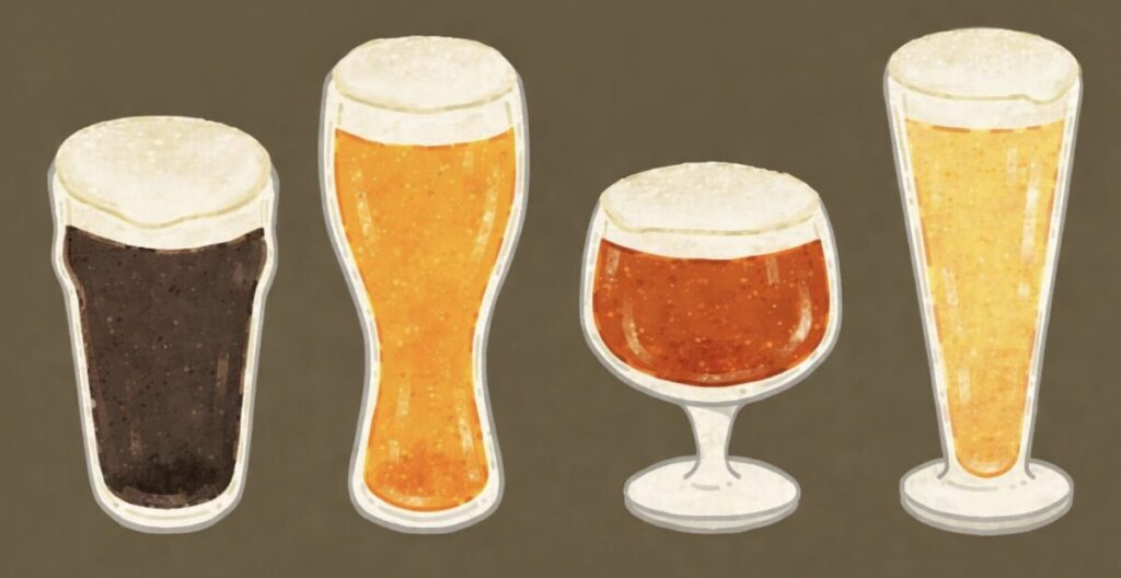 異なる種類のビールが入った4種類のグラス(黒ビール、エール、アンバー、ピルスナー)が並ぶシンプルなイラスト