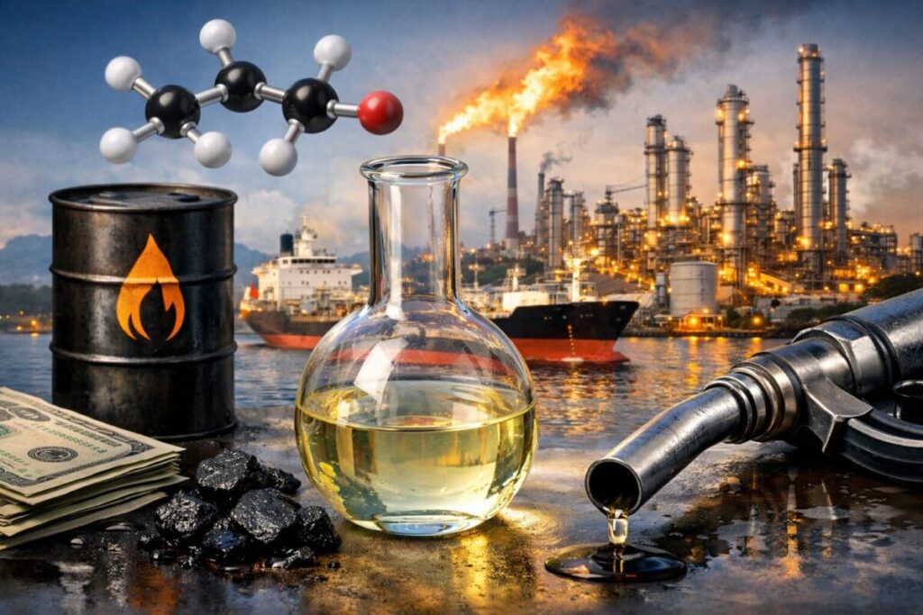 ナフサを象徴する透明な液体入りフラスコと石油タンク・精製プラント・燃料ノズルが並ぶエネルギー産業のイメージ