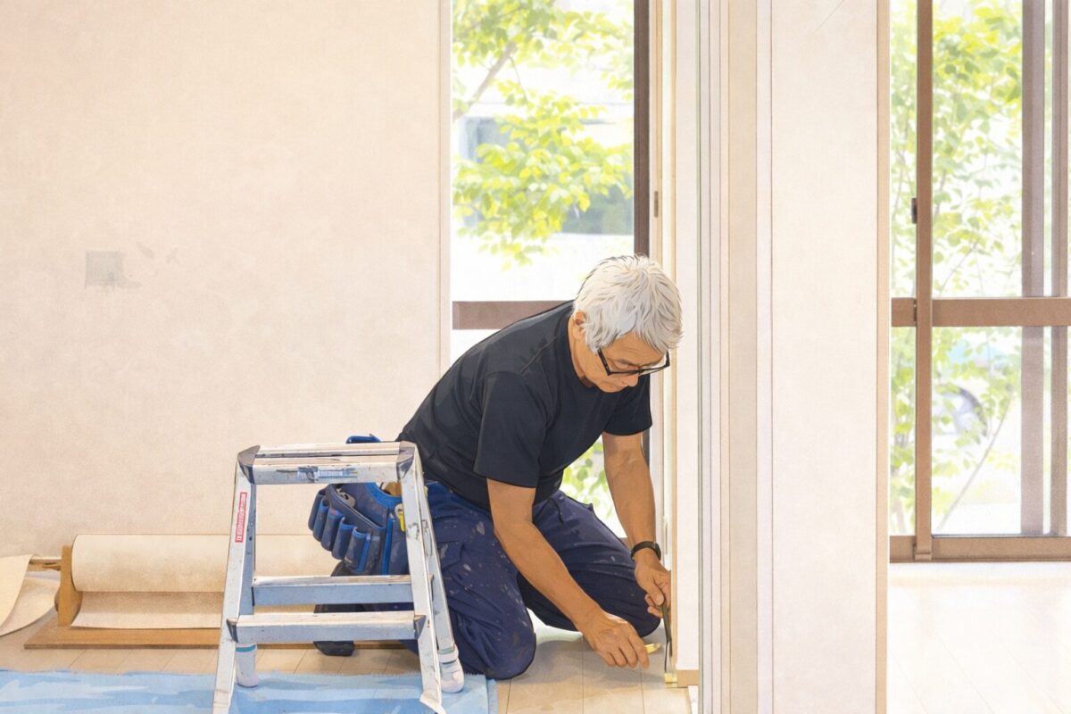 室内で脚立の横に膝をつき、窓際のドア枠に仕上げ作業を行う職人の様子を描いたイラスト