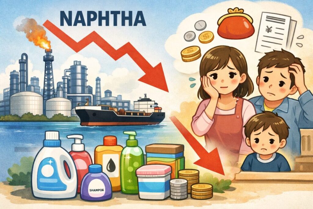 ナフサ価格の影響で洗剤やシャンプーなど日用品が値上がりし、家計に負担がかかる様子を表したイラスト